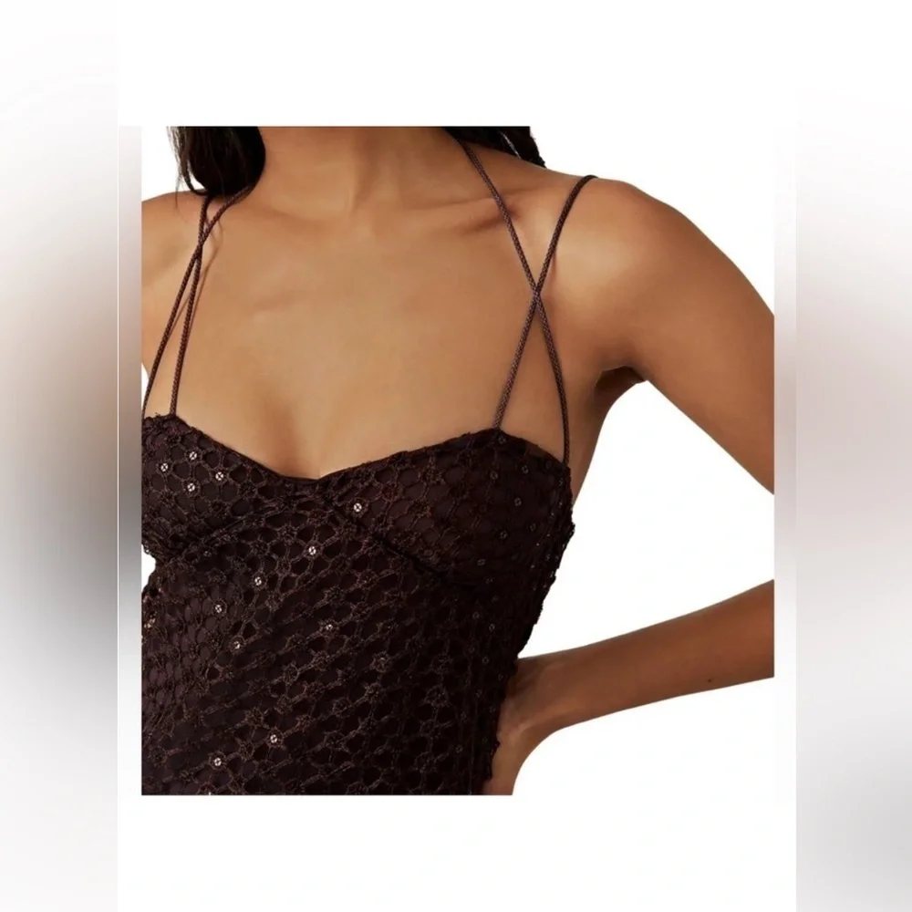 Free People Brown Crochet Asymmetrical Beach Cover Up Dress Boho Resort Small - Picture 4 of 14